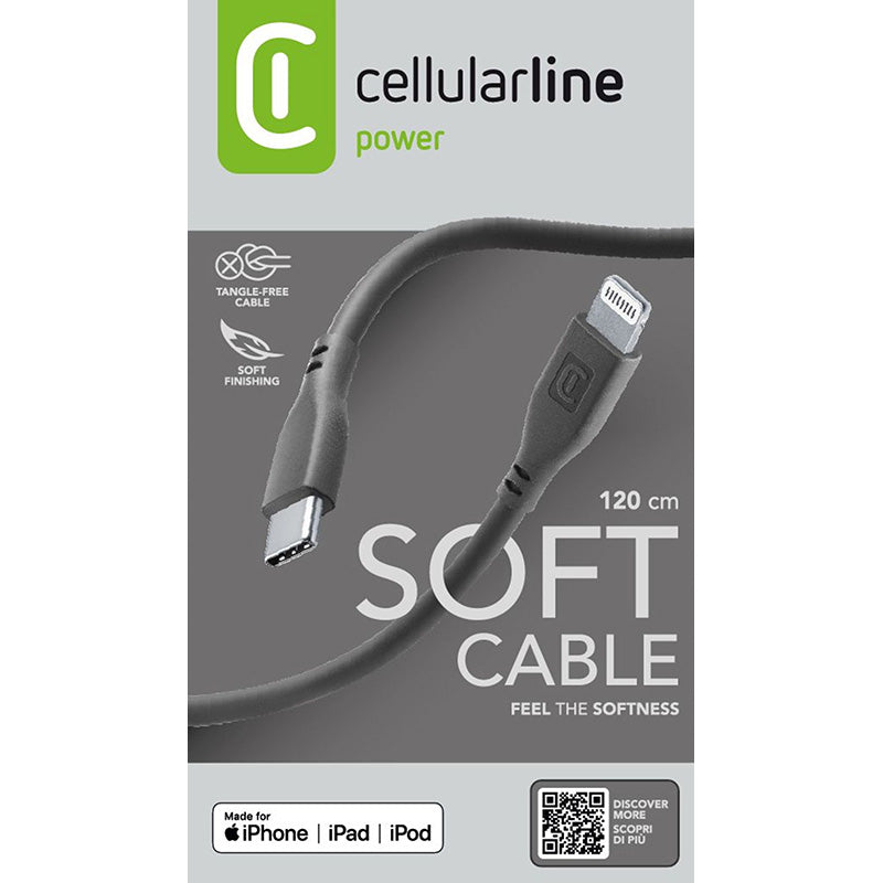 Cellularline Soft Cable – USB-C į Lightning laidas MFi sertifikuotas 1.2 m (juodas)