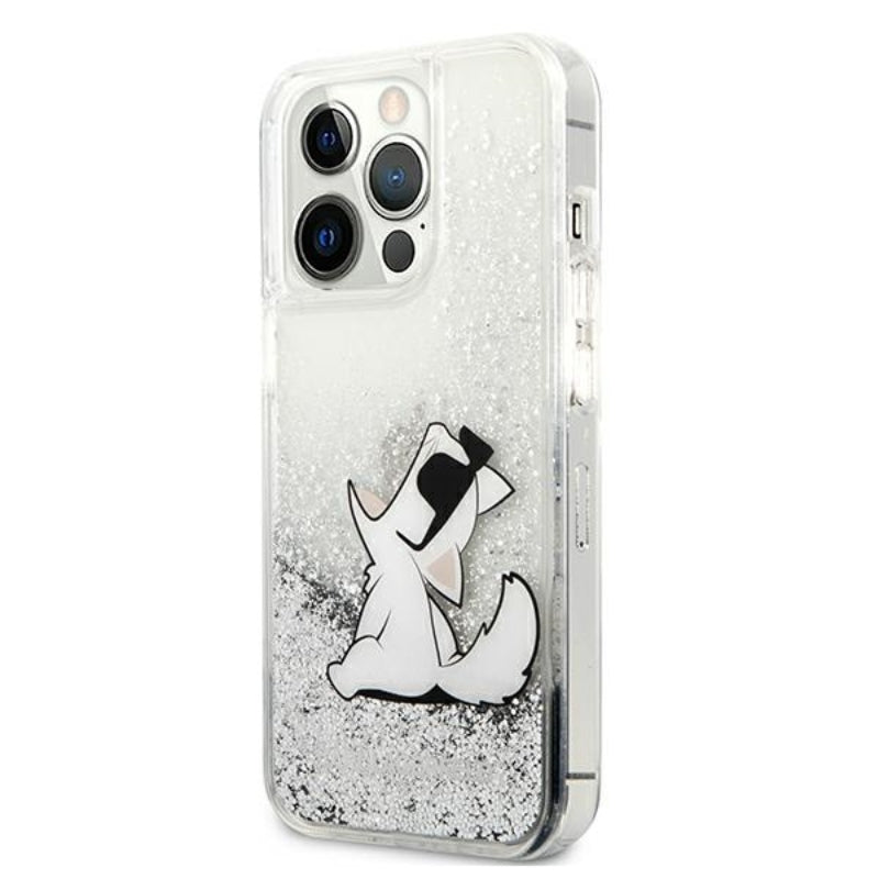 Karl Lagerfeld Liquid Glitter Choupette Fun – „iPhone 13 Pro Max“ dėklas (sidabrinis)