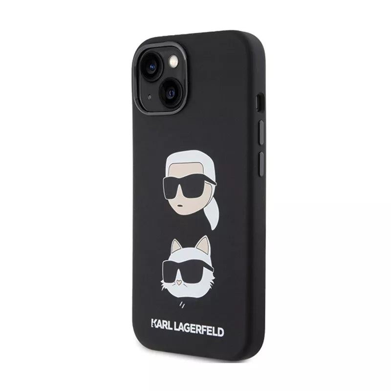 Karl Lagerfeld silikoninis dėklas „Karl & Choupette Heads“ – „iPhone 15 Plus“ (juodas)