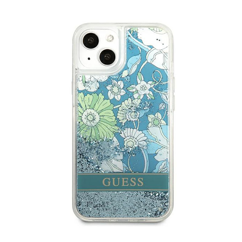 Guess Liquid Glitter Flower – iPhone 13 mini dėklas (mėlynas/žalias)