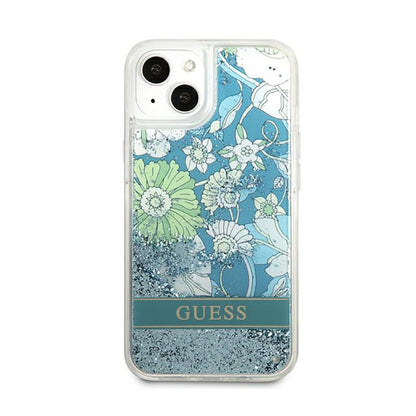 Guess Liquid Glitter Flower – iPhone 13 mini dėklas (mėlynas/žalias)