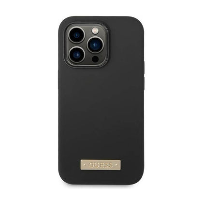 Guess Silicone Logo Plate MagSafe – dėklas, skirtas „iPhone 14 Pro“ (juodas)
