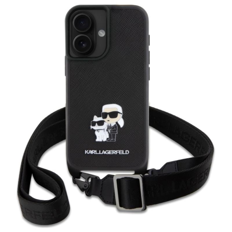 Karl Lagerfeld Saffiano Karl & Choupette Metal Pin CBDY Strap – dėklas iPhone 16 (juodas)
