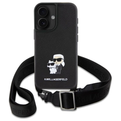 Karl Lagerfeld Saffiano Karl & Choupette Metal Pin CBDY Strap – dėklas iPhone 16 (juodas)