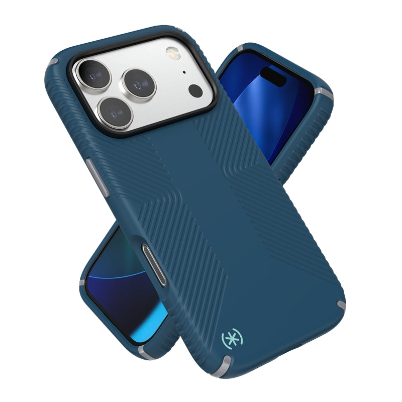 Speck Presidio2 Grip MagSafe – Dėklas iPhone 17 Pro (Tamsiai mėlynos / Sidabro metalo)