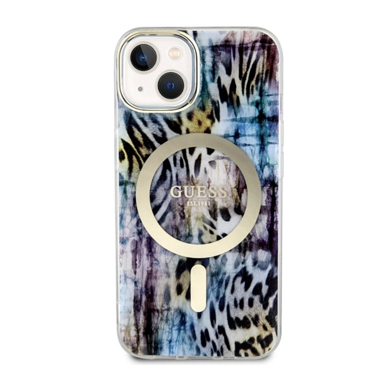 Guess Leopard MagSafe – dėklas iPhone 14 (mėlyna)