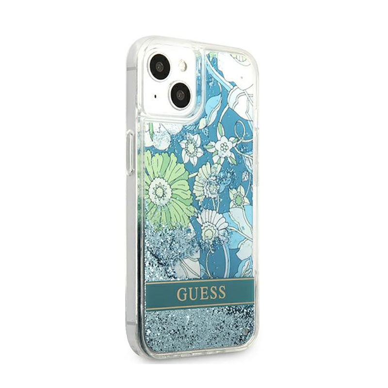 Guess Liquid Glitter Flower – iPhone 13 mini dėklas (mėlynas/žalias)