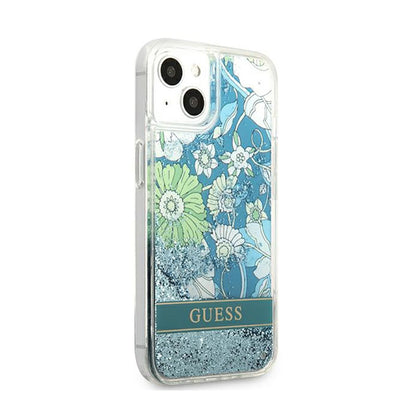 Guess Liquid Glitter Flower – iPhone 13 mini dėklas (mėlynas/žalias)
