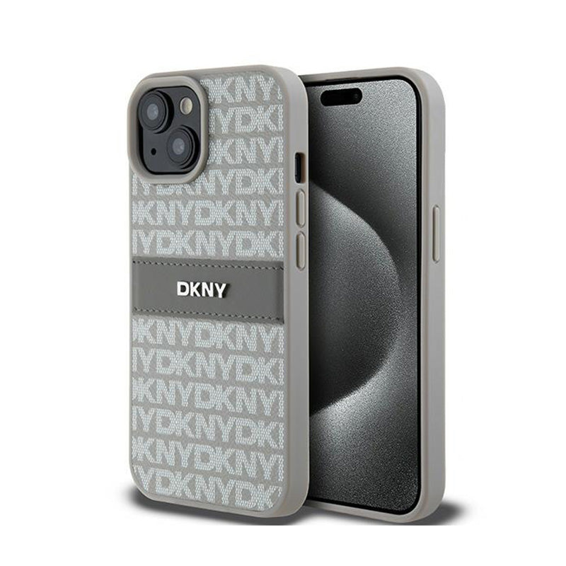 DKNY Leather Mono Stripe & Metal Logo – iPhone 15 Plus / 14 Plus dėklas (smėlio spalvos)