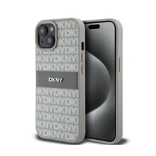 DKNY Leather Mono Stripe & Metal Logo – iPhone 15 Plus / 14 Plus dėklas (smėlio spalvos)