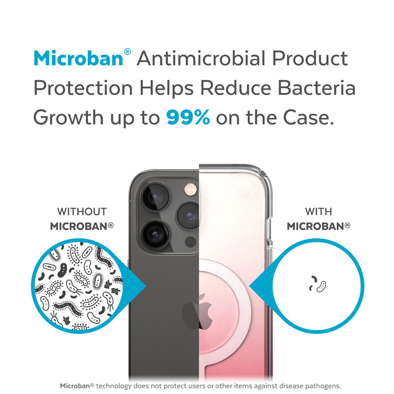 Speck Presidio Perfect-Clear + Ombre + MagSafe – dėklas iPhone 15 Plus / 14 Plus su MICROBAN danga (skaidrus / vintažinės rožės atspalvis)