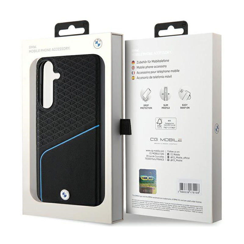 BMW Signature Leather Textured & Line MagSafe - dėklas, skirtas Samsung Galaxy S24 (juodas)
