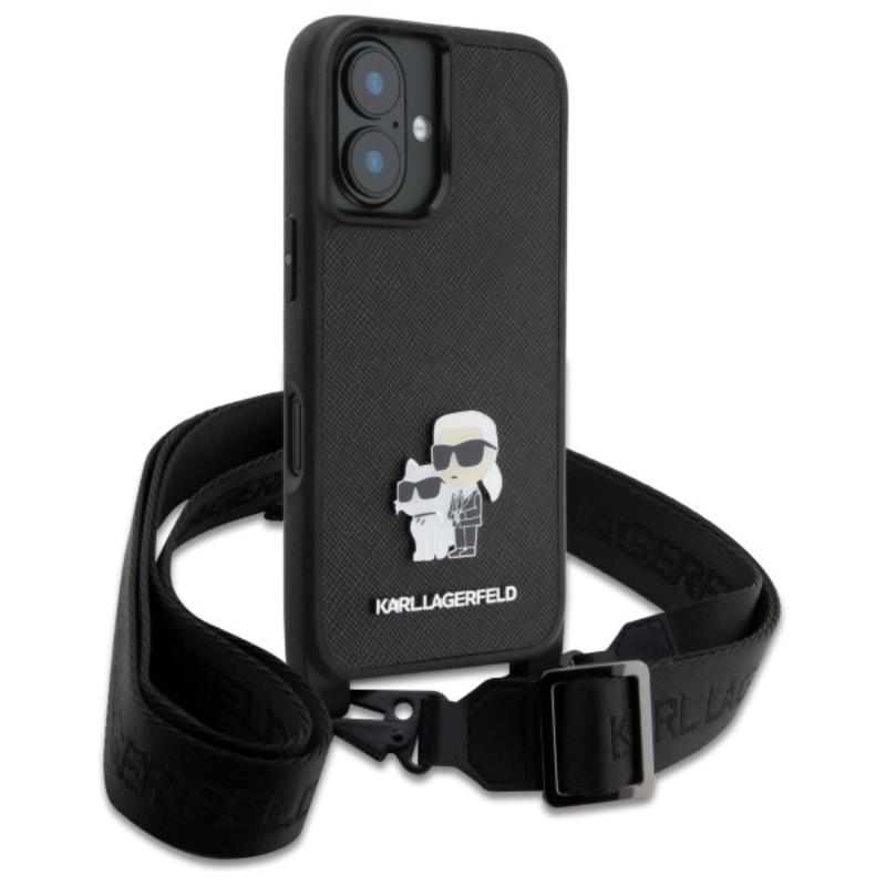 Karl Lagerfeld Saffiano Karl & Choupette Metal Pin CBDY Strap – dėklas iPhone 16 (juodas)