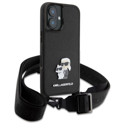 Karl Lagerfeld Saffiano Karl & Choupette Metal Pin CBDY Strap – dėklas iPhone 16 (juodas)
