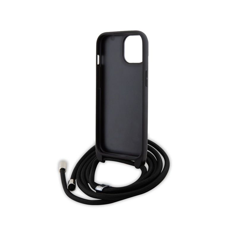 Karl Lagerfeld Rankinukas/Dėklas Saffiano su metaliniu segtuku Karl & Choupette, skirtas iPhone 15 Plus (Juodas)