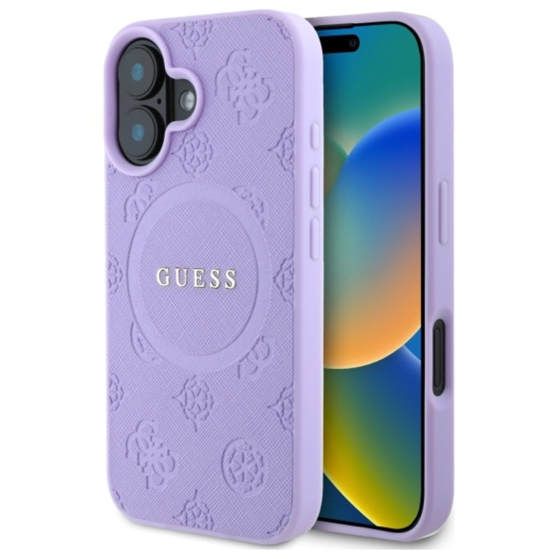 Guess Saffiano Peony Classic Logo MagSafe – dėklas iPhone 16 (violetinė)