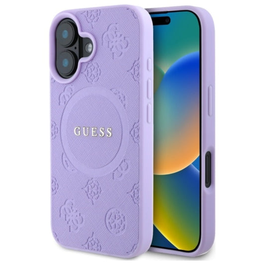Guess Saffiano Peony Classic Logo MagSafe – dėklas iPhone 16 (violetinė)