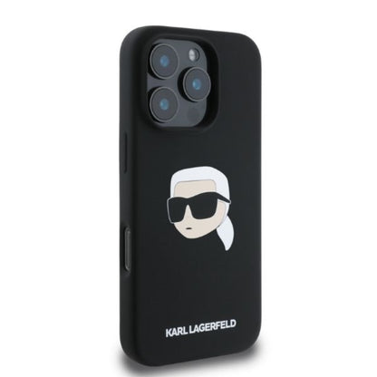 Karl Lagerfeld silikoninis dėklas su Karlo galvos spaudiniu MagSafe - iPhone 16 Pro Max (juodas)