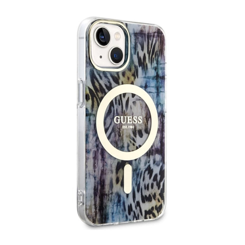 Guess Leopard MagSafe – dėklas iPhone 14 (mėlyna)