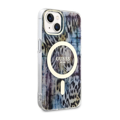 Guess Leopard MagSafe – dėklas iPhone 14 (mėlyna)