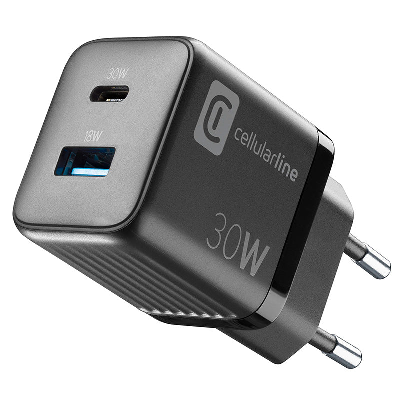 Cellularline Multipower Micro GaN - USB-C ir USB-A Power Delivery 30W tinklo įkroviklis (juodas)