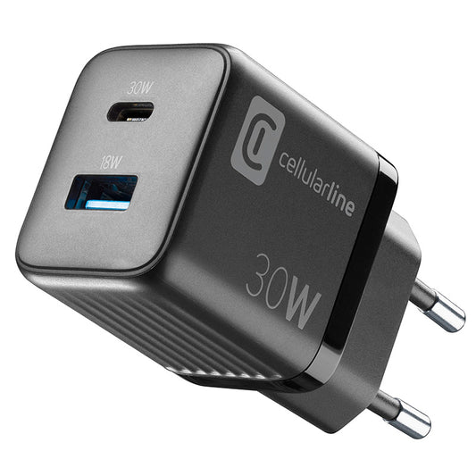 Cellularline Multipower Micro GaN - USB-C ir USB-A Power Delivery 30W tinklo įkroviklis (juodas)