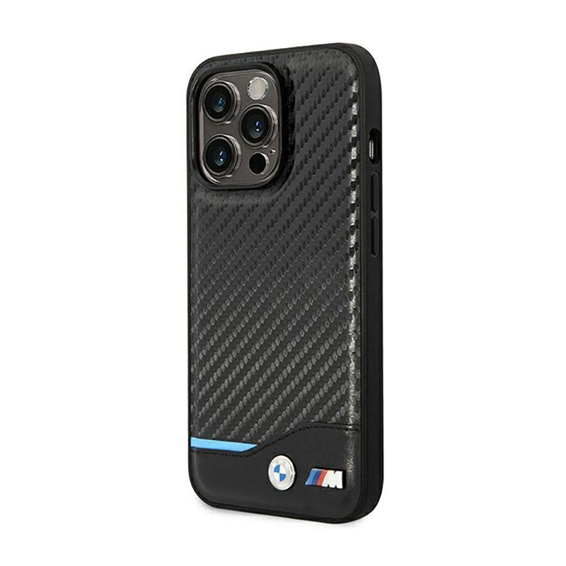 BMW Leather Carbon Blue Line - dėklas skirtas iPhone 14 Pro (juodas)