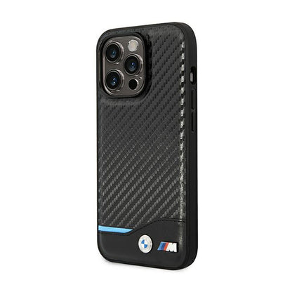 BMW Leather Carbon Blue Line - dėklas skirtas iPhone 14 Pro (juodas)