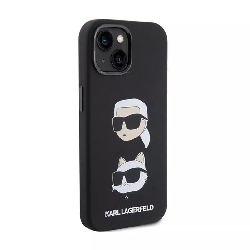 Karl Lagerfeld silikoninis dėklas „Karl & Choupette Heads“ – „iPhone 15 Plus“ (juodas)