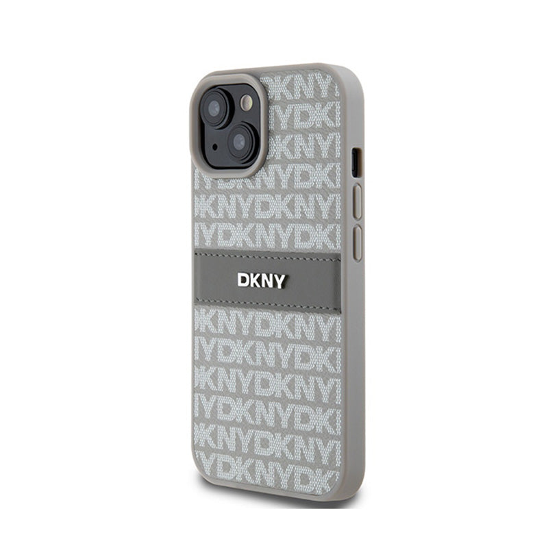 DKNY Leather Mono Stripe & Metal Logo – iPhone 15 Plus / 14 Plus dėklas (smėlio spalvos)