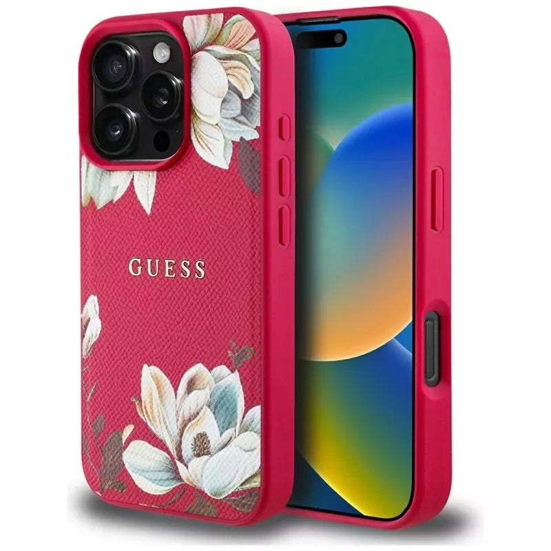 Guess Grained Printed Flower Pattern MagSafe – dėklas, skirtas „iPhone 16 Pro“ (fuksijos spalva)
