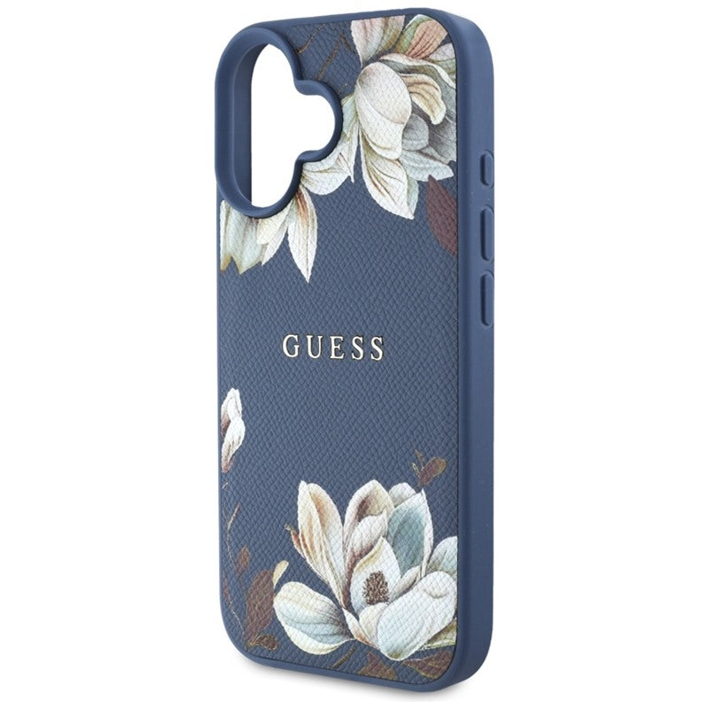 Guess MagSafe dėklas, skirtas iPhone 16 su grūdėta gėlių spauda (mėlynas)
