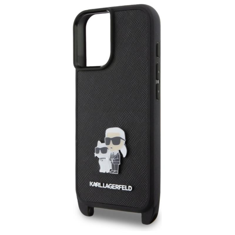 Karl Lagerfeld Saffiano Karl & Choupette Metal Pin CBDY Strap – dėklas iPhone 16 (juodas)