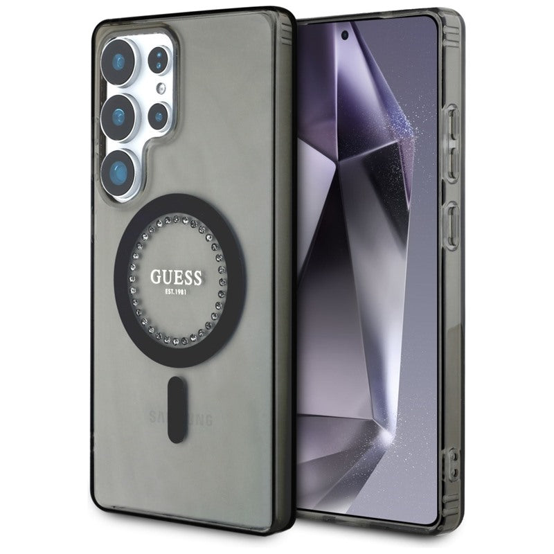 Guess Rhinestones Printed Classic Logo MagSafe – dėklas, skirtas „Samsung Galaxy S25 Ultra“ (juodas)