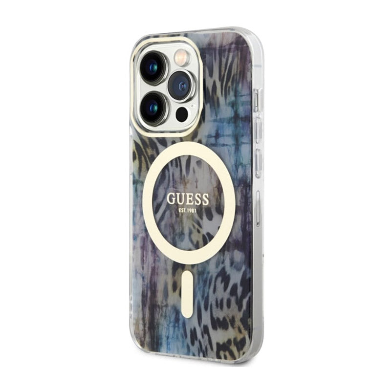 Guess Leopard MagSafe – dėklas, skirtas iPhone 14 Pro Max (mėlynas)