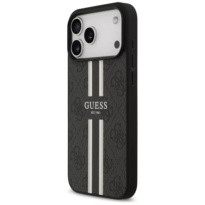 Guess 4G Dryžuoto Spaudinio MagSafe Dėklas iPhone 17 Pro Max (Juodas)