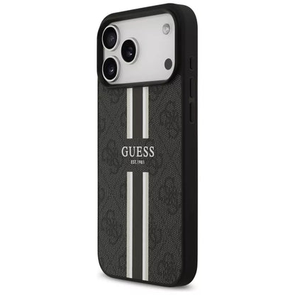 Guess 4G Dryžuoto Spaudinio MagSafe Dėklas iPhone 17 Pro Max (Juodas)