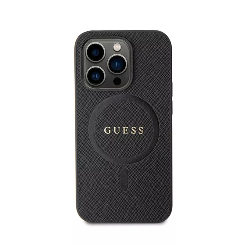 Guess Saffiano MagSafe – dėklas iPhone 15 Pro (juodas)