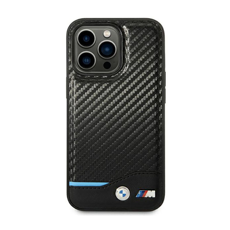 BMW Leather Carbon Blue Line - dėklas skirtas iPhone 14 Pro (juodas)