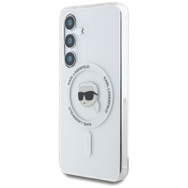 Karl Lagerfeld Button Karl Head Printed Logo MagSafe - Dėklas, skirtas Samsung Galaxy S25 (baltas)