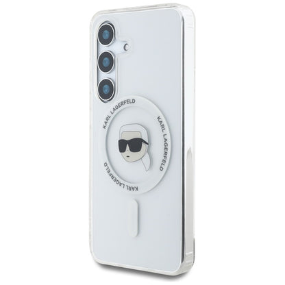 Karl Lagerfeld Button Karl Head Printed Logo MagSafe - Dėklas, skirtas Samsung Galaxy S25 (baltas)