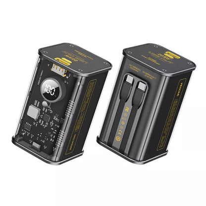 WEKOME WP-347 Vanguard Series – Power bank 20000 mAh ypač greitas įkrovimas su integruotu USB-C PD 20W & Lightning + USB-A QC3.0 22.5W kabeliu (juodas)