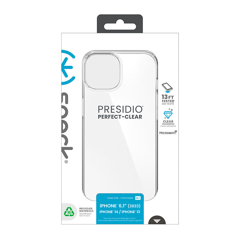 Speck Presidio Perfect-Clear – dėklas, skirtas iPhone 16e / iPhone 15 / iPhone 14 / iPhone 13 (skaidrus)