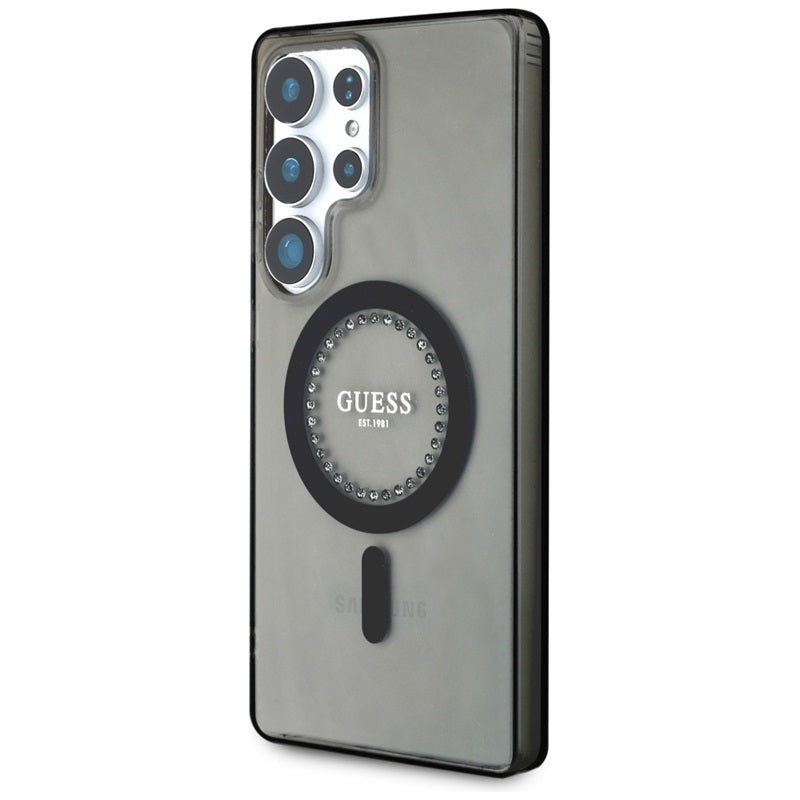 Guess Rhinestones Printed Classic Logo MagSafe – dėklas, skirtas „Samsung Galaxy S25 Ultra“ (juodas)
