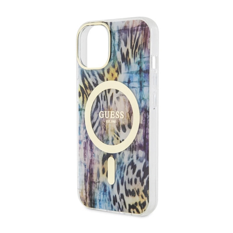 Guess Leopard MagSafe – dėklas iPhone 14 (mėlyna)