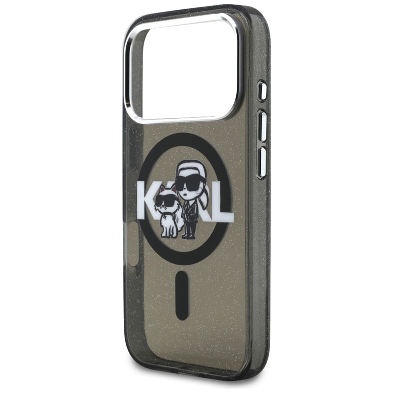 Karl Lagerfeld IML Blizgantis Karl & Choupette eskizo logotipas MagSafe - Dėklas iPhone 17 Pro (Juodas)