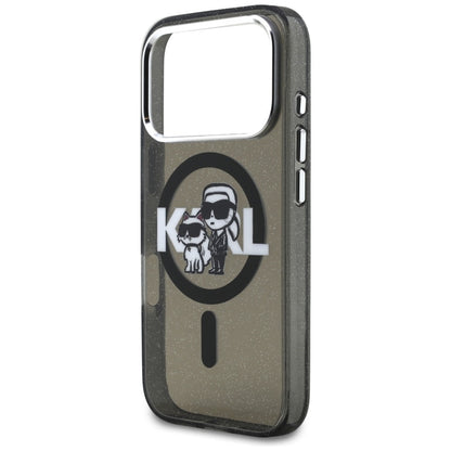 Karl Lagerfeld IML Blizgantis Karl & Choupette eskizo logotipas MagSafe - Dėklas iPhone 17 Pro (Juodas)