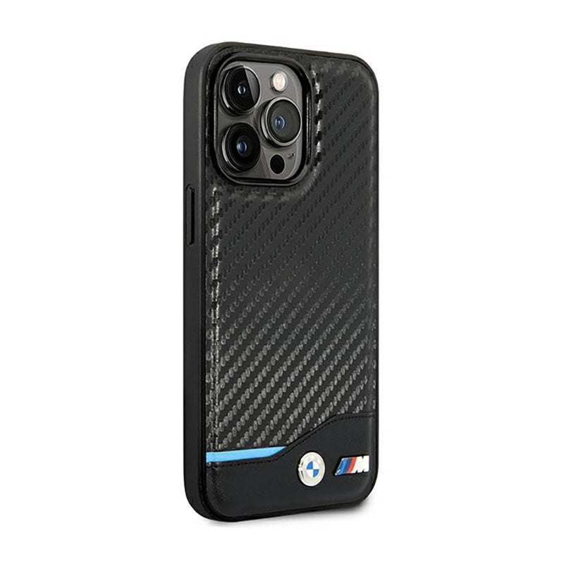 BMW Leather Carbon Blue Line - dėklas skirtas iPhone 14 Pro (juodas)