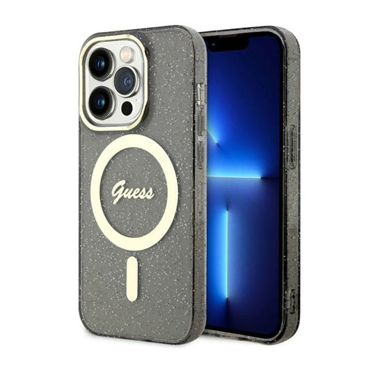 Guess Glitter Gold MagSafe – dėklas, skirtas iPhone 14 Pro (juodas)