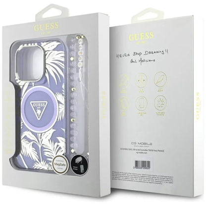 Guess Palm Trees Triangle Pearl Strap MagSafe – „iPhone 16 Pro Max“ dėklas (violetinis)
